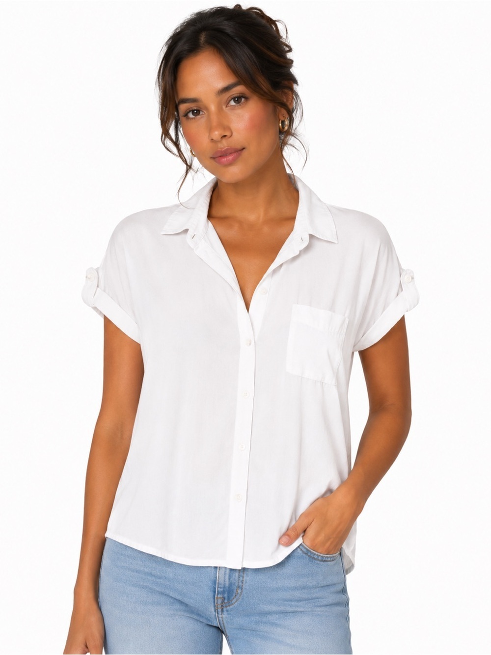 Olive & Oak Women’s Short Sleeve Button Down Shirt S White
